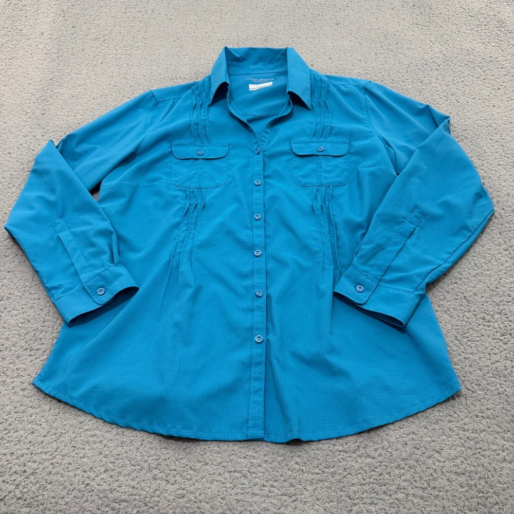 Columbia PFG Button Up Shirt Womens XL Omni-Shade Blue Sun Protection Fishing